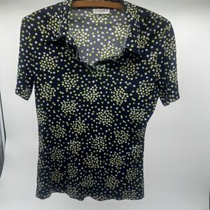 Stefanel Italy Navy Blue Lime Green Floral Polo Shirt Short Sleeve Womens Large